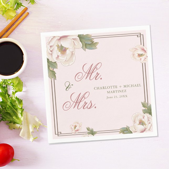 Serviette En Papier Blush Pink Rose Floral Mariage M. et Mme. (Créateur téléchargé)