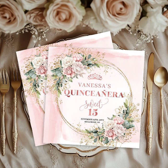 Serviette En Papier Blush Pink Rose Gold Flowers Mis Quince Napkins (Blush Pink Rose Gold Flowers Mis Quince Napkins)