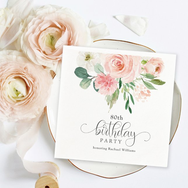 Serviette En Papier Blush Rose Feminine Floral 80e fête d'anniversaire (Créateur téléchargé)
