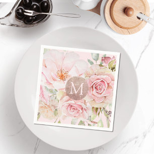 Serviette En Papier Blush Rose Gold Floral Monogrammé Aquarelle