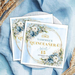 Serviette En Papier Bohème Bleu Poussiéreux Floral Pailleté Or Quincea