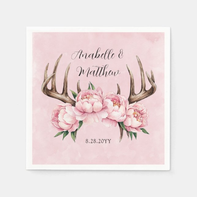 Serviette En Papier Boho Antler avec Mariage Pink Peonies (Devant)