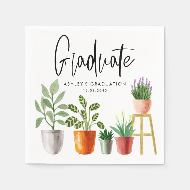 Serviette En Papier Boho Aquarelle Poted Houseplants Graduation (Devant)