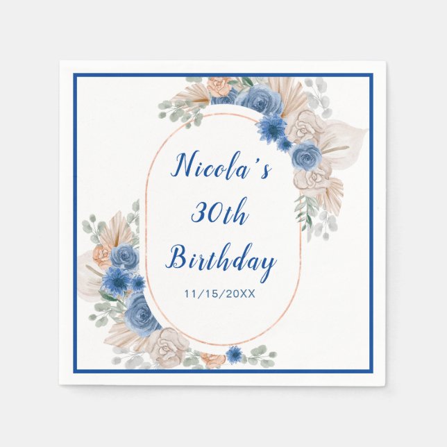 Serviette En Papier Boho Blue Pampas Herbe Anniversaire (Devant)