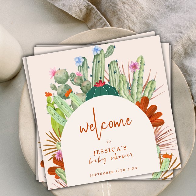 Serviette En Papier Boho Cactus Arch Desert Pampas Baby shower Bienven (Boho Cactus Arch Desert Pampas Baby Shower Welcome Napkins)