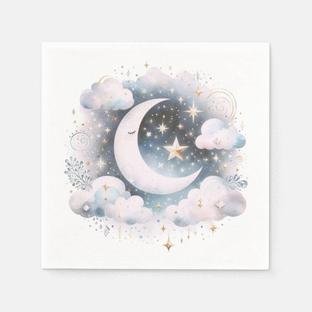 Serviette En Papier Boho céleste bleu et blanc de la lune Moderne (Devant)