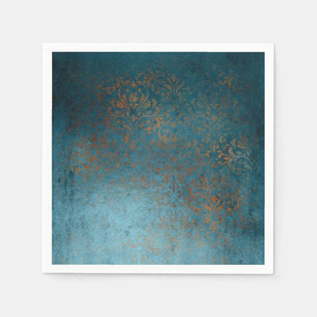 Serviette En Papier Boho Cuivre bleu Damask Grunge (Devant)