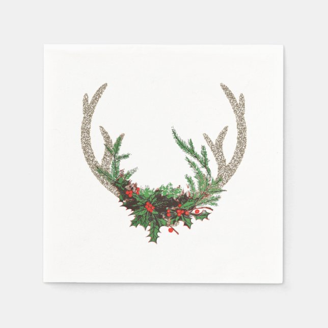 Serviette En Papier Boho Deer Antlers | Floral de Noël rouge rustique (Devant)