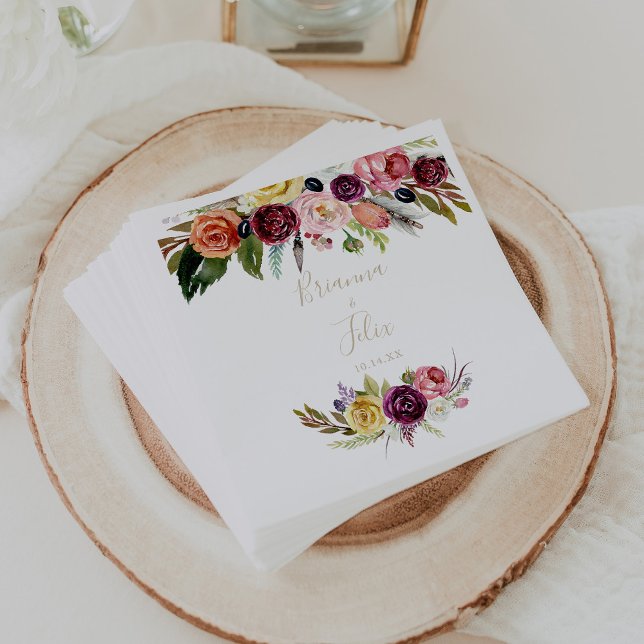 Serviette En Papier Boho en plumes d'or Mariage floral tropical (Créateur téléchargé)