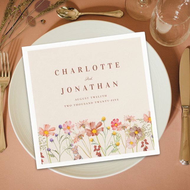 Serviette En Papier Boho Fall Rustic Fleur sauvage Floral Mariage (Boho fall rustic Wildflower Floral beige and burnt orange Wedding custom napkins Watercolor flowers)