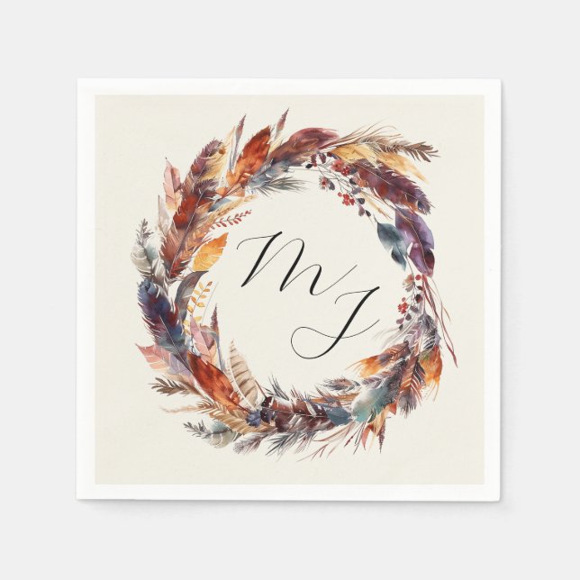 Serviette En Papier Boho Feathers Floral Wreath Monogram Mariage (Devant)