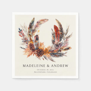 Serviette En Papier Boho Feathers Floral Wreath Monogram Mariage