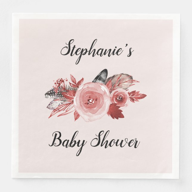 Serviette En Papier Boho Feathers Rose Baby shower Blush (Devant)