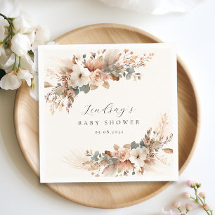 Serviette En Papier Boho Floral Herbe de Pampas Rose Beige Baby Shower
