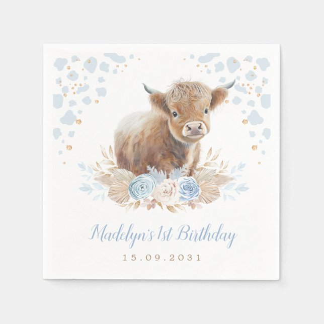 Serviette En Papier Boho Floral Highland Cowboy 1er anniversaire (Devant)