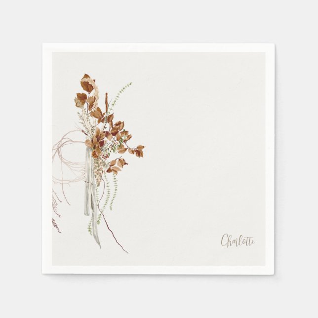 Serviette En Papier Boho Floral Script Nom Fête des mariées Cocktail (Devant)