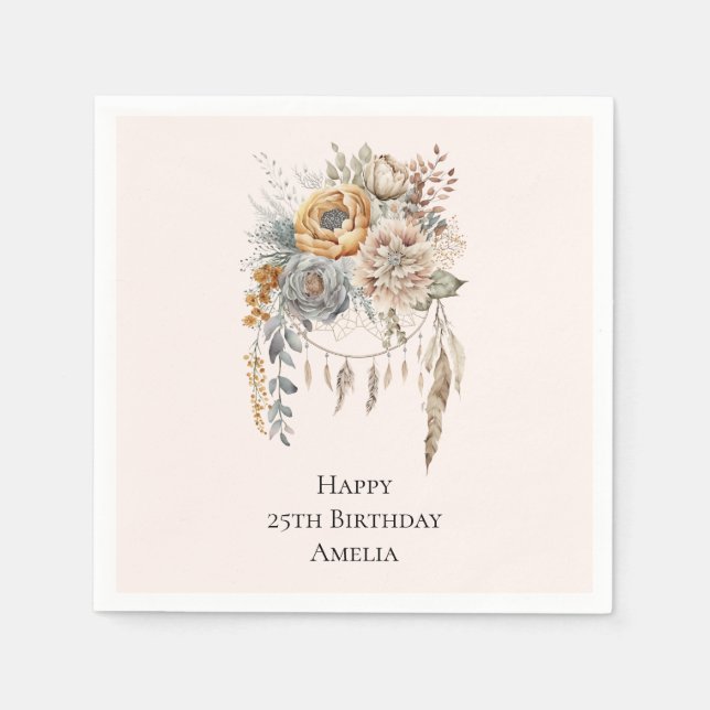 Serviette En Papier Boho Flowers and Dreamcatcher - Anniversaire (Devant)