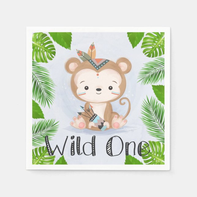 Serviette En Papier Boho Monkey Wild One Birday Party (Devant)