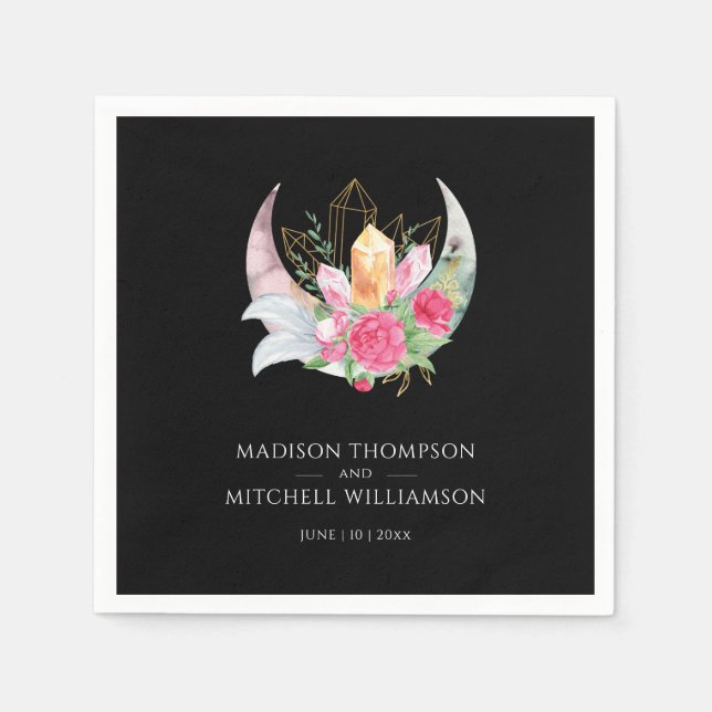 Serviette En Papier Boho Moon Crystals Plumes rose Fleurs Mariage (Devant)