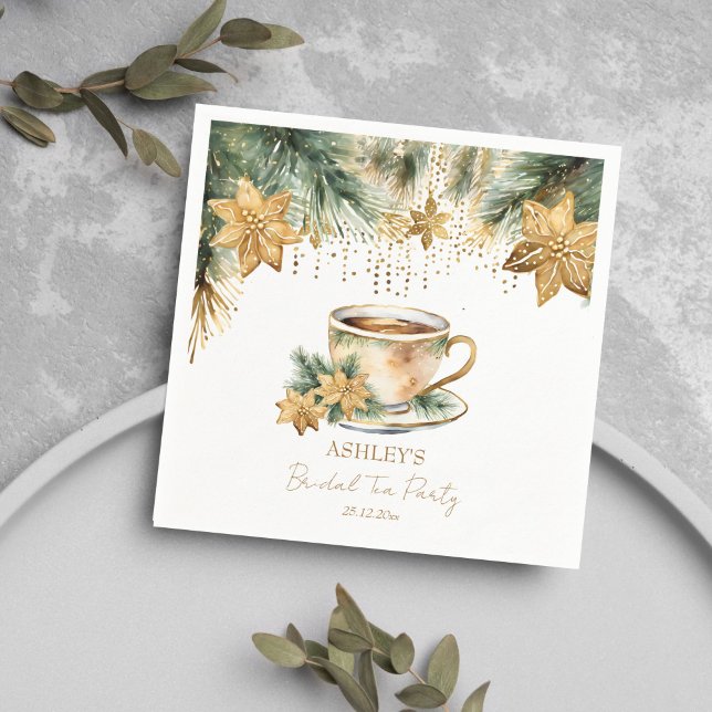 Serviette En Papier Boho Noël douche de mariée thé party d'hiver (Boho Christmas winter bridal shower tea party tableware personalized Napkins pines gold poinsettia)