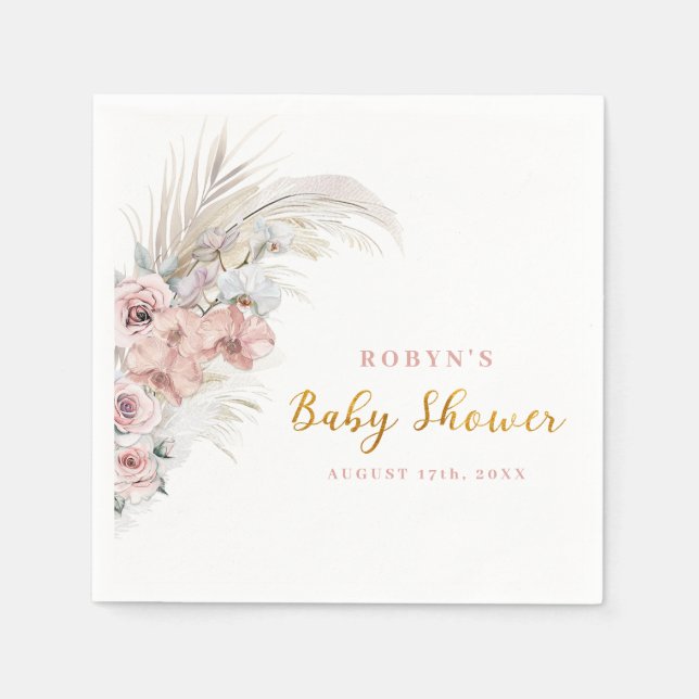 Serviette En Papier Boho Pampas Baby shower serviettes rose fille (Devant)