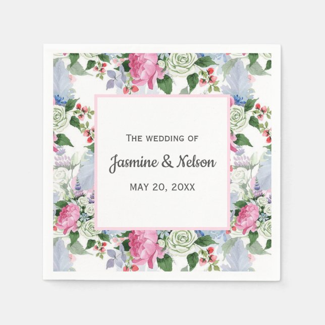 SERVIETTE EN PAPIER BOHO PINK BLUE LILAC MARIAGE PERSONNALISÉ (Devant)