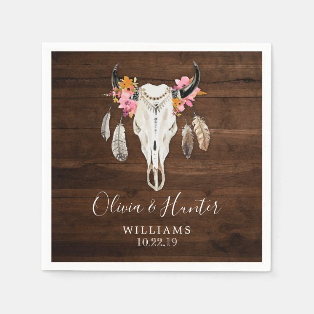 Serviette En Papier Boho Plume Antler Crâne Mariage en bois foncé (Devant)