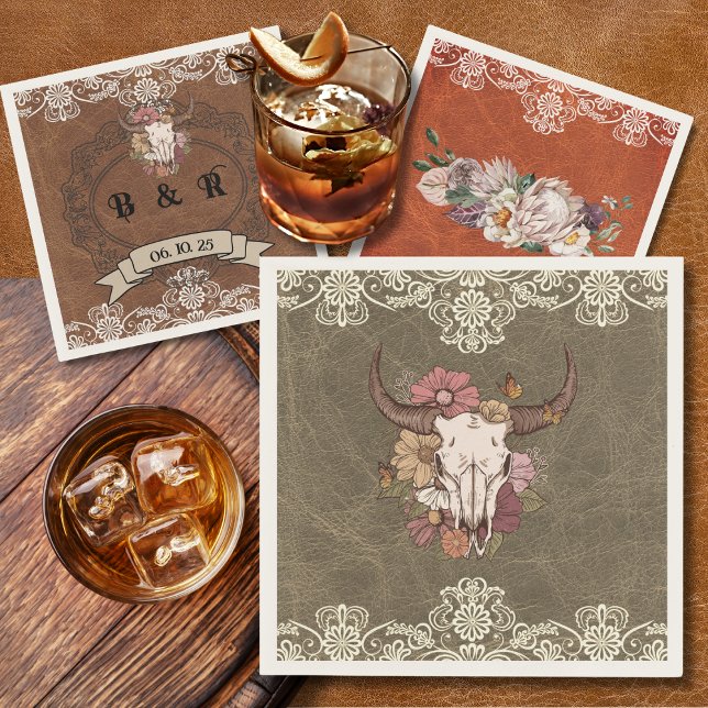 Serviette En Papier Boho Ranch Floral Taureau papier Cocktail Napkin (Créateur téléchargé)