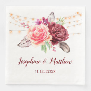 Serviette En Papier Boho Roses plumes Mariage