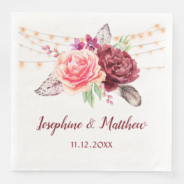 Serviette En Papier Boho Roses plumes Mariage (Devant)
