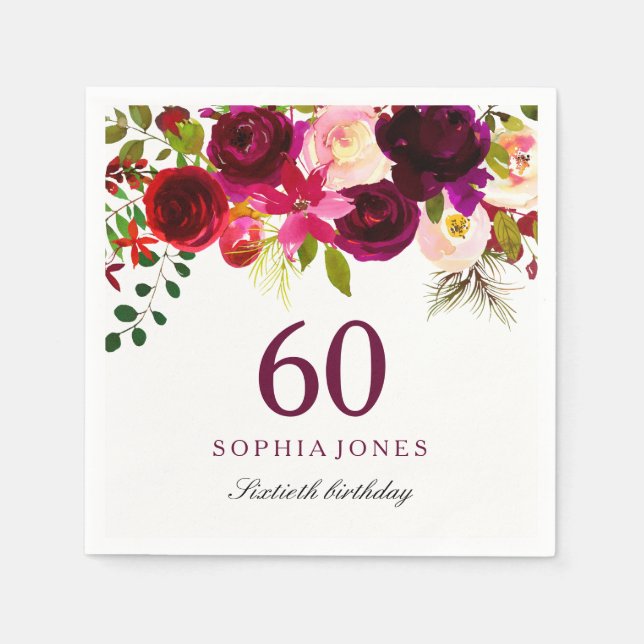 Serviette En Papier Boho rouge bordeaux 60e fête d'anniversaire (Devant)