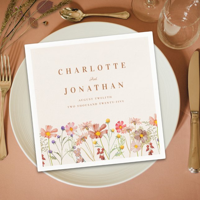 Serviette En Papier Boho Rustic Floral Mariage de automne (Boho rustic floral custom fall Wedding napkins watercolor wildflowers brown terracotta burnt orange )