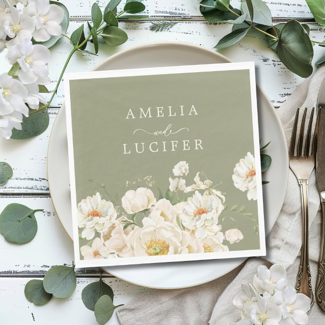 Serviette En Papier Boho Sage Green Blanc Ivory Floral Mariage (Créateur téléchargé)