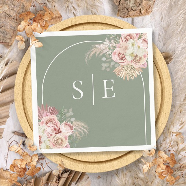 Serviette En Papier Boho Sage Green Pampas Grass Arche Monogram Napkin (Boho Sage Green Pampas Grass Arch Monogram Napkins)