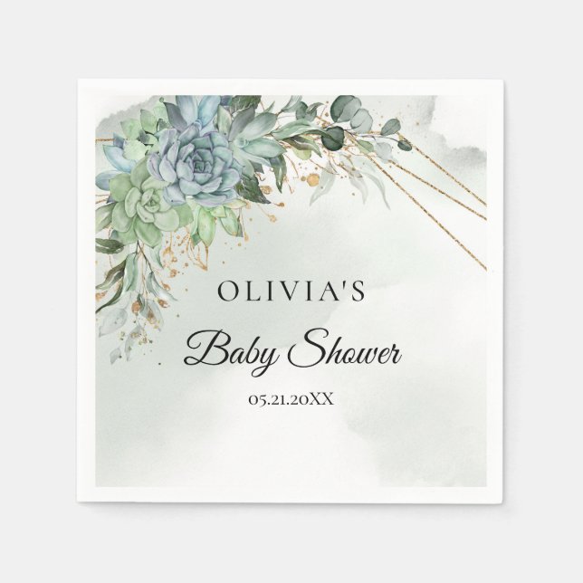 Serviette En Papier Boho succulents verdure or cadre Baby shower (Devant)