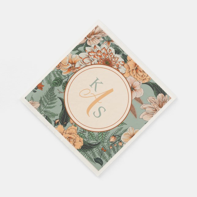 Serviette En Papier Boho Terracotta Sage Monogramme Mariage de automne (Coin)