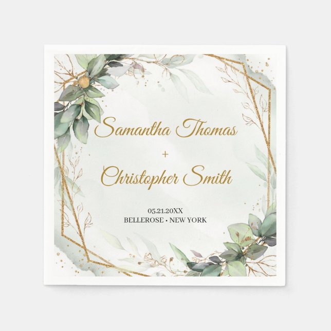 Serviette En Papier Boho verdure eucalyptus feuillage or mariage (Devant)