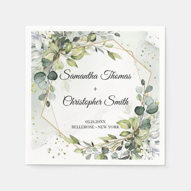 Serviette En Papier Boho verdure eucalyptus feuillage or mariage (Devant)