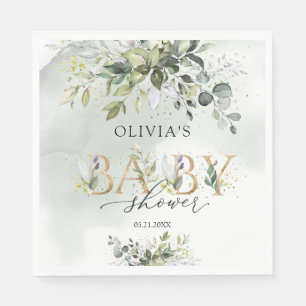 Serviette En Papier Boho vert feuillage or lettres baby shower