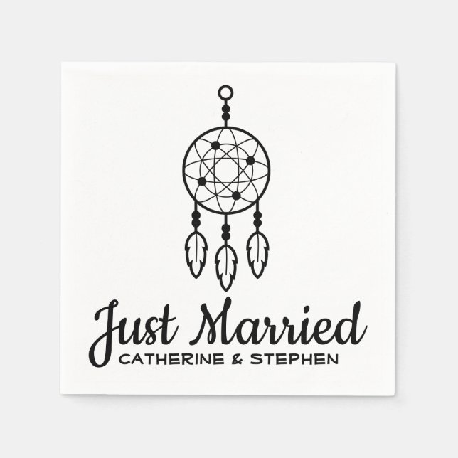 Serviette En Papier Boho vient de se marier Dream Catcher Mariage Noir (Devant)