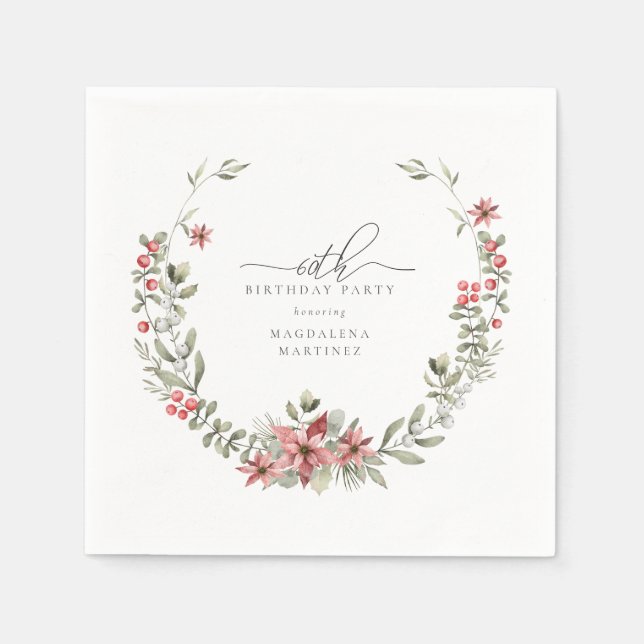 Serviette En Papier Boho Winter Greenery Red Floral 60e anniversaire (Devant)