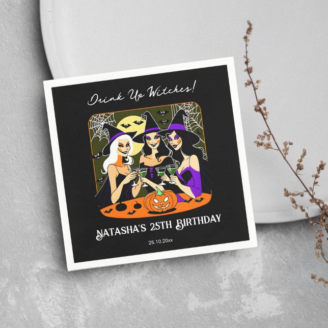 Serviette En Papier Boire des sorcières adulte fête d'anniversaire d'H (Halloween adult birthday party tableware personalized napkins pretty witches sipping cocktails black)