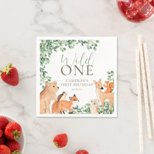 Serviette En Papier Bois Animaux Blanc Sauvage Un premier anniversaire