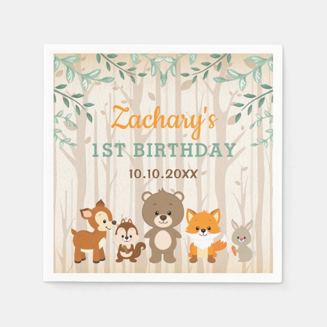 Serviette En Papier Bois Animaux Forêt 1er anniversaire Baby shower (Devant)