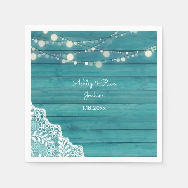 Serviette En Papier Bois Bleu, Dentelle, Lumières À Cordes (Devant)