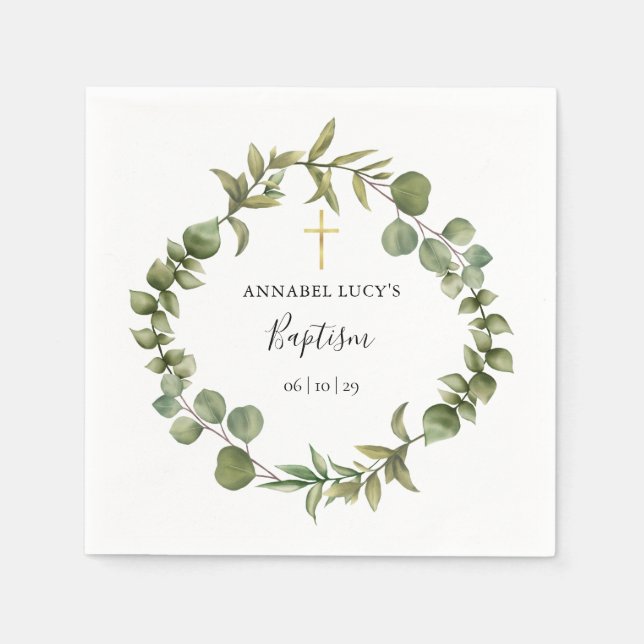 Serviette En Papier Bois Eucalyptus Verdure Baptême Christening (Devant)