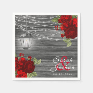 Serviette En Papier Bois, lanternes et fleur rouge foncé