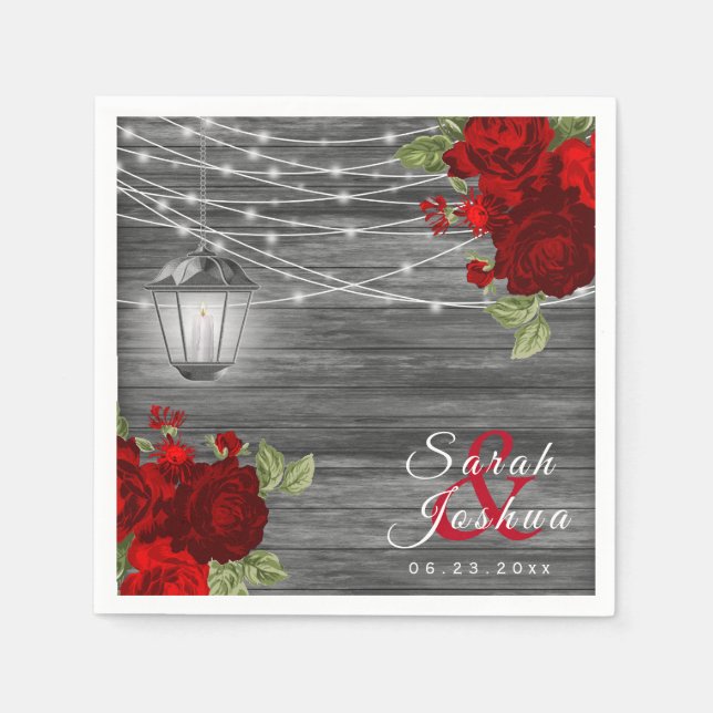 Serviette En Papier Bois, lanternes et fleur rouge foncé (Devant)
