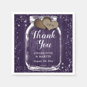 Serviette En Papier Bois pourpre Mason Jar Deux Coeurs Merci Mariage