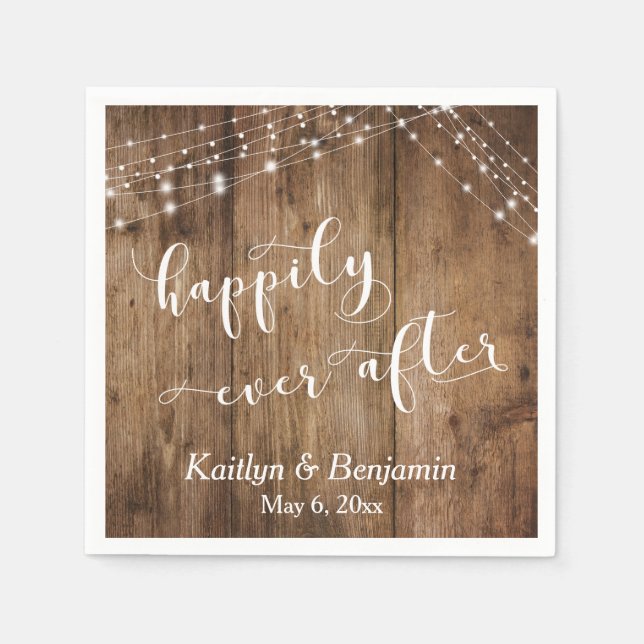 Serviette En Papier Bois rustique avec lumières blanches, Heureusement (Devant)